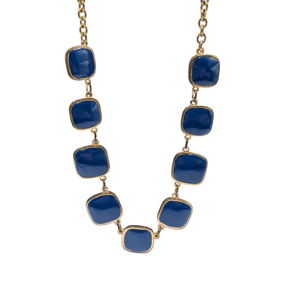 Vintage Blue Enamel Necklace Gold Tone Square Links Adjustable Chunky‎ Statement